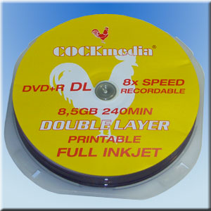 COCKmedia Double-Layer DVD <b>+R, Full-Printable</b> 8,5 GB - 8x - 240 Min - <b>10er</b> CakeBox COCKmedia Double-Layer DVD <b>+R, Full-Printable</b> 8,5 GB - 8x - 240 Min - <b>10er</b> CakeBox